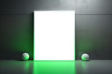 Green Neon Light on Blank Vertical White Poster with Spheres