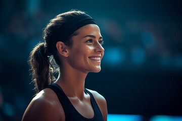 A sporty woman with a ponytail and headband beams with excitement, her profile embodying the anticipation of competition in a dimly lit arena.