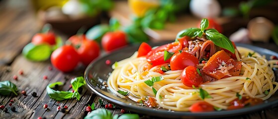 A plate of spaghetti with tomatoes and basil on a wooden table
