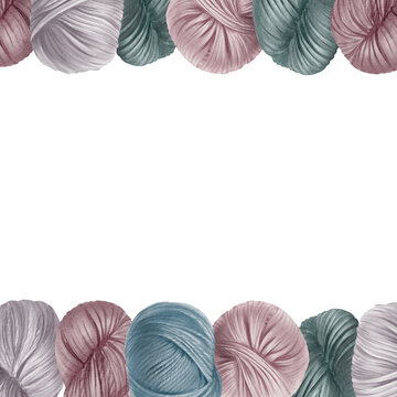 Skeins of yarn in the form of a double-sided border. Isolated on white background.Background with copy space for text. Hand drawn hobby clip art for home decor, shop label. Hand made, craft.
