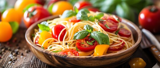 A wooden bowl of spaghetti with tomatoes and basil on a wooden table.