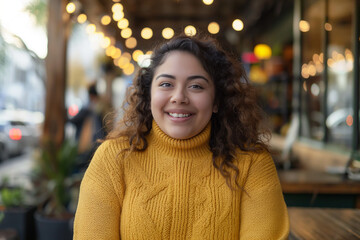 With a bright smile and a soft, mustard sweater, a young woman embodies the essence of urban joy in a cozy café backdrop.