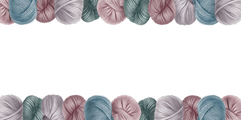 Skeins of yarn in the form of a double-sided border. Isolated on white background with copy space for text. Hand drawn hobby clip art for home decor, shop label. Hand made, craft.