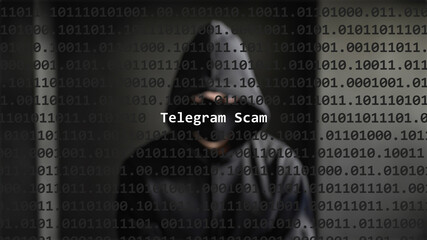 Cyber attack telegram scam text in foreground screen, anonymous hacker hidden with hoodie in the blurred background. Vulnerability text in binary system code on editor program.