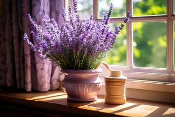 Lavender flowers on the window in a pot