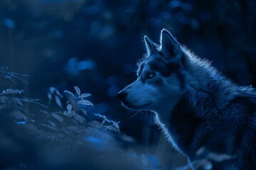 Portrait of a wolf in the dark forest,  Toned