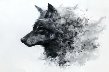 Wolf head in black paint on a white background,  Digital painting