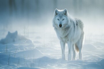 White wolf (Canis lupus) in winter landscape