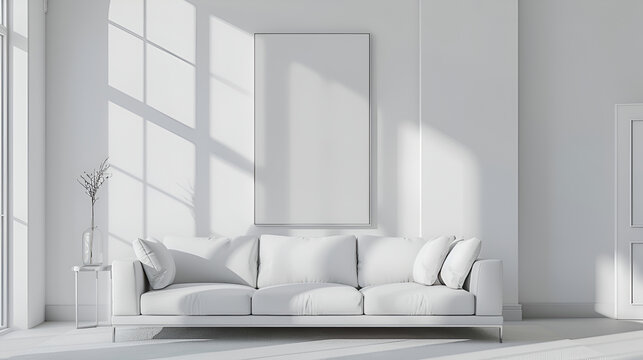 White minimalist living room interior with sofa on a wooden floor, decor on a large wall, white landscape in window ,Minimal white living room with frame 