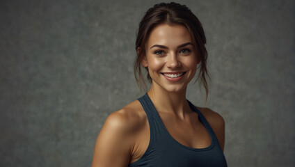 Fototapeta na wymiar Stunning healthy and fit young woman wearing gym clothes is smiling towards the camera on a clean background