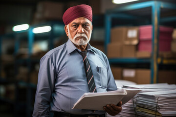 Senior Sikh Businessman Reviewing Documents in Warehouse