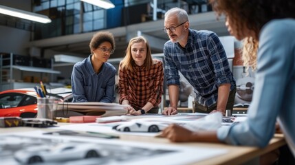 A group of people sharing a fun leisure event, sitting around a table, looking at a model car. AIG41