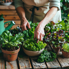 hands of a gardener attending to a vibrant assortment of leafy green vegetables flourishing in terracotta pots on a wooden surface