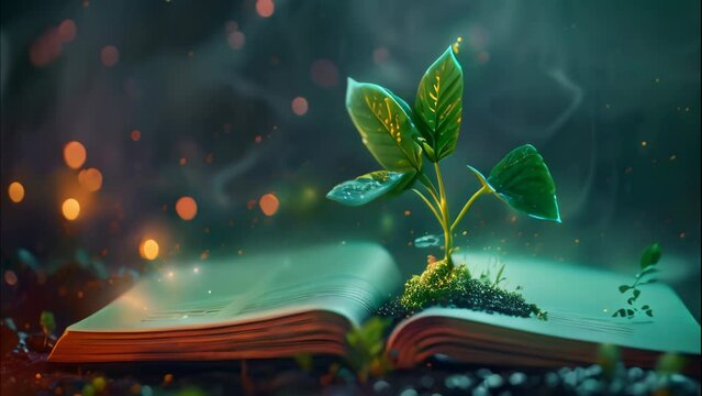 an open futuristic digital book with plants growing on it