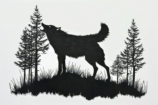 Silhouette of wolf in the woods,  Illustration on white background