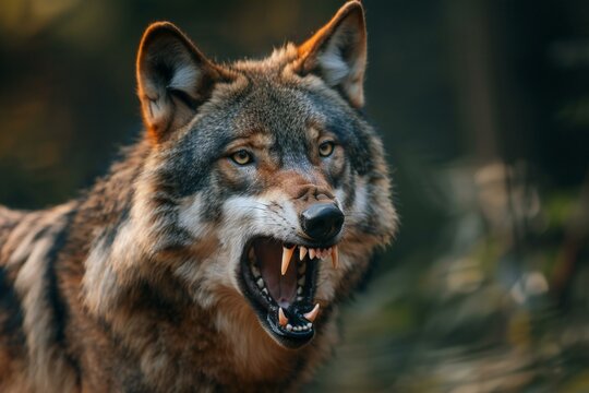 Close-up portrait of a wolf howling in the forest