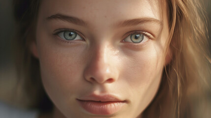 Fototapeta premium Serene Blue-Eyed Woman with Sunlit Hair and Freckles