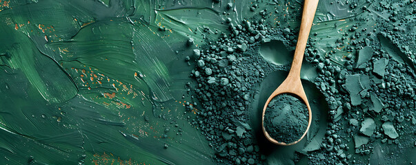 Organic supplement Simple spirulina powder in wooden spoon background   generative ai