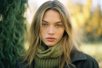 Obraz premium Serene Autumn Beauty: Close-Up of Young Woman Among Fall Leaves