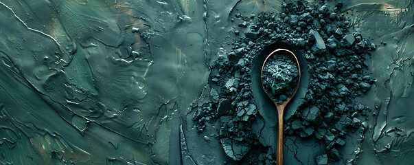 Single Simple spirulina powder in wooden spoon background   generative ai - obrazy, fototapety, plakaty