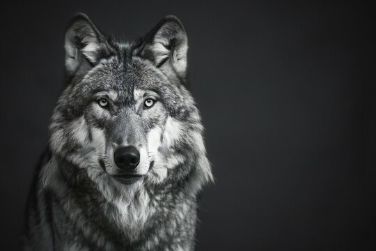 Black and white portrait of a wolf in a photo studio on a black background