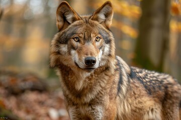 Naklejka na ściany i meble Portrait of a wolf in the autumn forest, Animal portrait