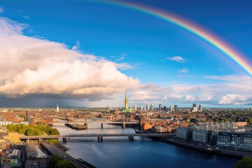 Obraz premium Vibrant Rainbow Over City Skyline at Dusk