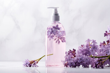 Obraz na płótnie Canvas Lilac Essence Hand Soap Dispenser with Flowers