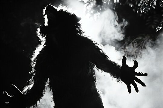 Black and white portrait of a scary monster in the smoke,  Horror movie