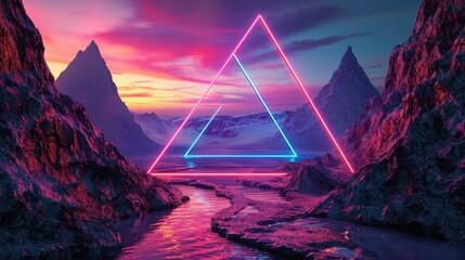 The great pink floating triangle beyond the river that surrounded with a lot amount of the tall mountains at the dawn or dusk time of the day that shine light to the every part of the picture. AIGX03. - obrazy, fototapety, plakaty