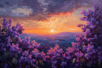 Oil painting of lilacs at sunset, idea for living room wall decor