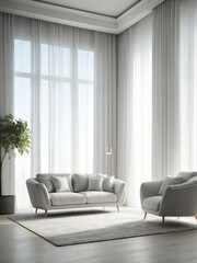 Contemporary Elegance, Large White Light Filtering Curtains with Modern Armchair