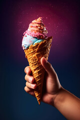 Colorful Ice Cream Cone in Hand Against a Vibrant Background