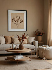 Cozy Living Room Mockup, Beige Wall Serenity