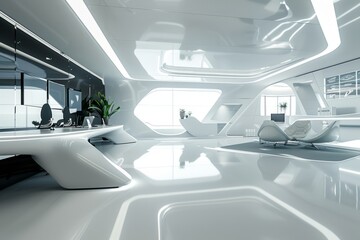 A white, futuristic office workspace design interior with state-of-the-art technology and innovative design features