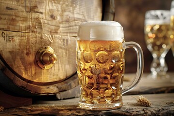 Glass of beer on the wooden table with barrel and glass of beer