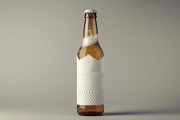 Beer bottle on a gray background,  Beer bottle with white foam