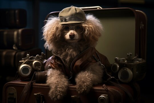 A quirky poodle wearing aviator goggles sitting atop a vintage suitcase. Travelling with a pet