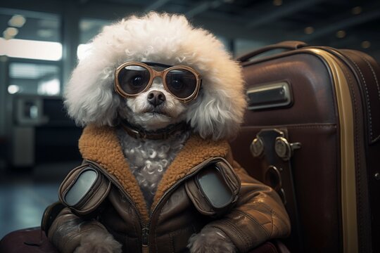 A quirky poodle in an airport wearing aviator goggles sitting in a vintage suitcase. Travelling with a pet