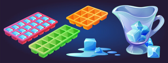 Plastic tray for ice cube making, melting frozen water block and glacier pieces in glass pitcher. Cartoon vector illustration set of pink, orange and green silicone equipment icebox for freezer.