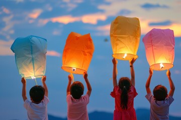 Children releasing paper lanterns symbolizing hope and dreams on Children's Day - Powered by Adobe