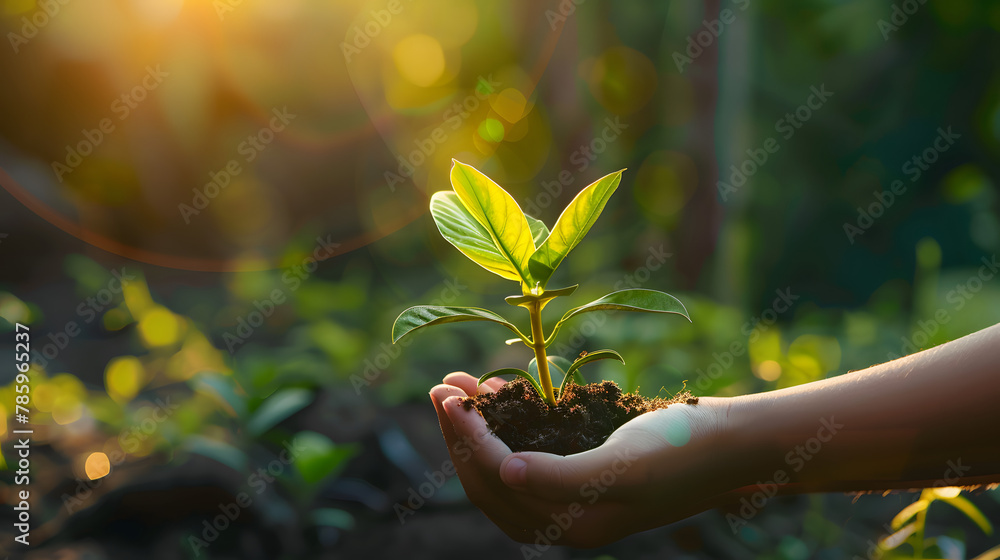 Canvas Prints hand children holding young plant with sunlight on green nature background. concept eco earth day