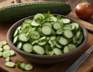 Cucumber sliced on the cutting board, salad ingredient.