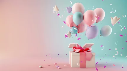 Foto op Plexiglas 3D clay scene of balloons escaping an opened gift box, set on a smooth gradient background © Jenjira