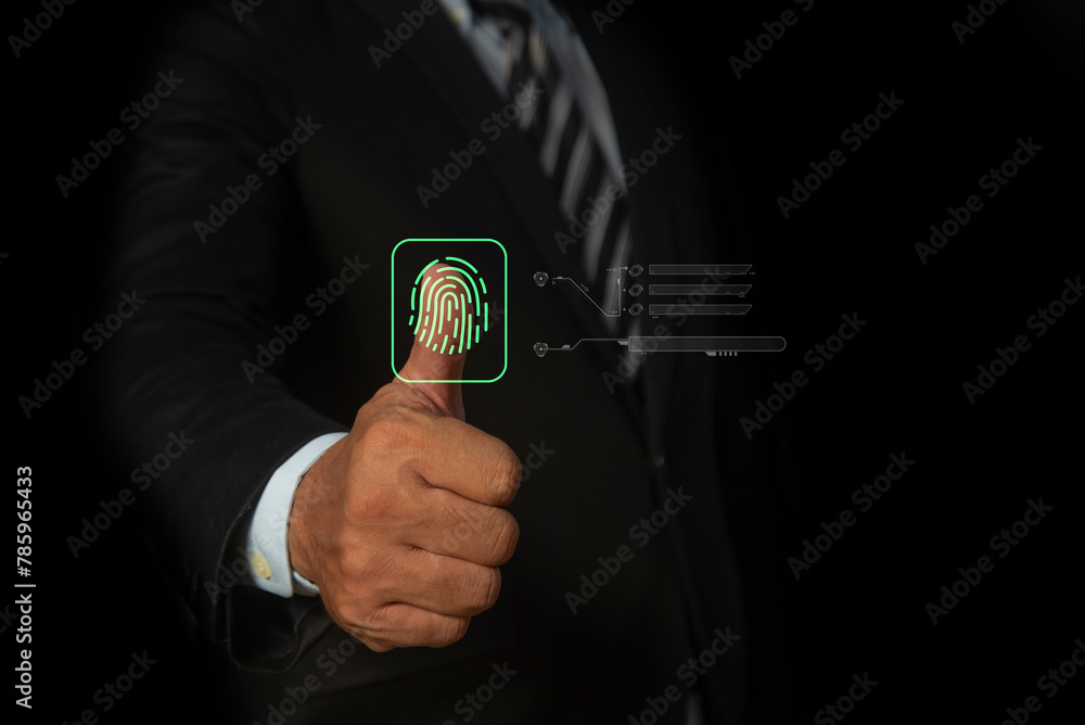 Poster businessman scan fingerprint biometric identity. concept of the future of security and password cont