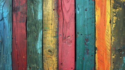 An eye-catching background texture of colorful wooden planks in red, blue, yellow