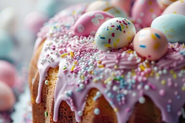 A decorated Easter cake adorned with icing designs, sprinkles, and chocolate eggs, close up wallpaper background