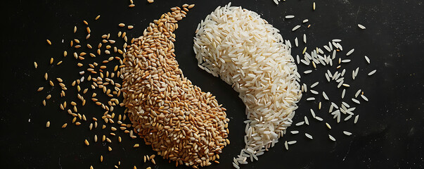 Brown rice Yin yang sign composition isolated over the black background .generative ai