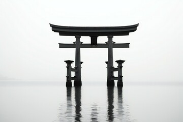 Japanese temple in foggy day, Shinto shrine in Japan