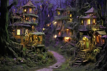 Fantasy fairy tale castle in the forest at night, rendering - obrazy, fototapety, plakaty